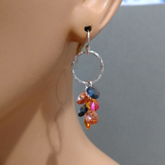 Hammered Circle Multi Crystal Color Drop Dangle Earrings