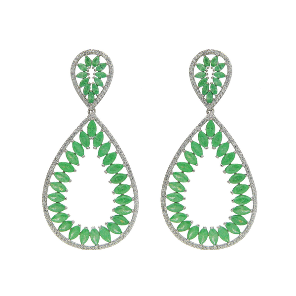 Fronay Co .925 Sterling Silver Marquis Green Glass and Cz Statement Earrings