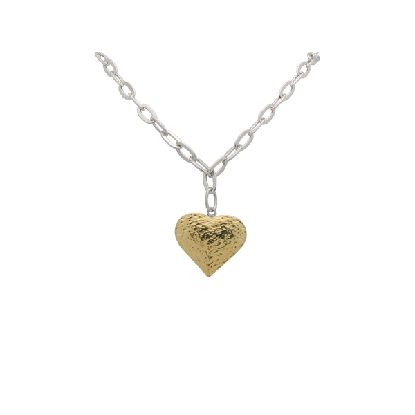 925 Sterling Silver Oval Link Hammered Gold Heart Pendant Necklace