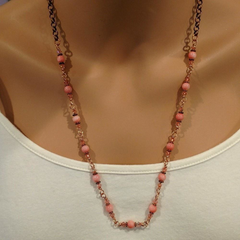 24 inches Wire Wrapped Peach Mother Of Pearl Crystal Gemstone Necklace