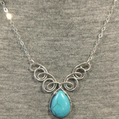Adjustable Sterling Silver Wire Sculpted Turquoise Gemstone Drop Necklace