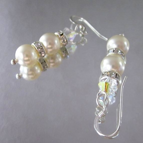 Bridal Sterling Silver Swarovski Crystal Pearl Stacked Earrings