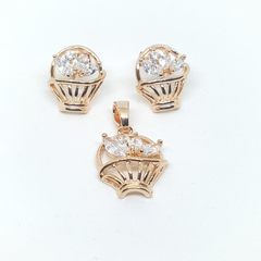 1-6382-h1 Gold Overlay CZ Floral Basket Earring and Pendant Set.