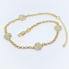 1-0206-h2 Gold Filled Two Tone Heart/Clover Charms Rolo Anklet, adjustable.