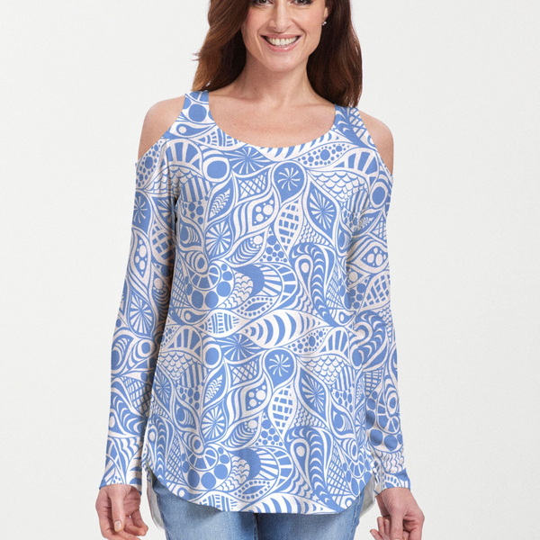 Aquatic Floral Blue (7619) ~ Cold Shoulder Tunic