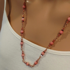 24 inches Wire Wrapped Peach Mother Of Pearl Crystal Gemstone Necklace