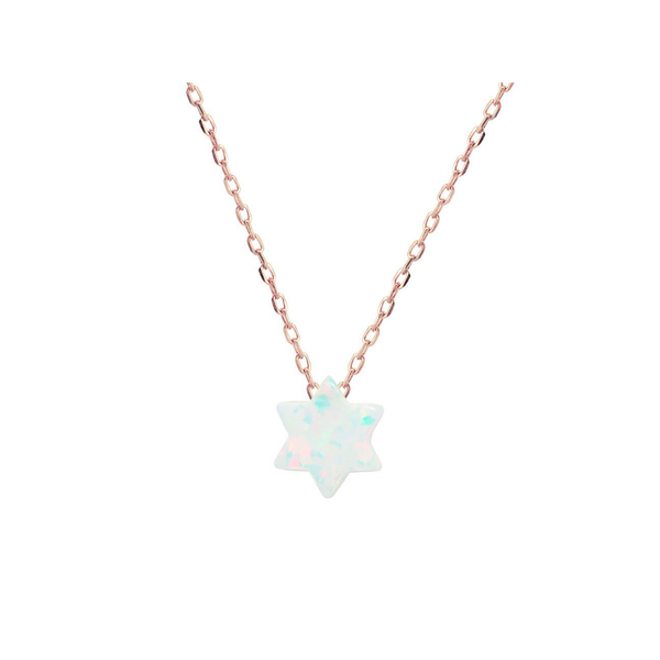 925 Rose Gold Plated Silver Mini Opal Stone Star of David Necklace, 15" + 2"ext