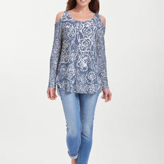 Freehand Floral Navy (7614) ~ Cold Shoulder Tunic