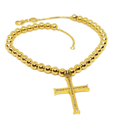 (1-0071-2287-h6) Gold Overlay Beaded Anklet with CZ Cross, 10".