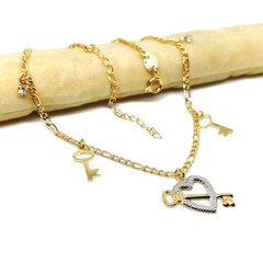 (1-0110-h5) Gold Filled Two Tone Heart and Keys Anklet, 10".