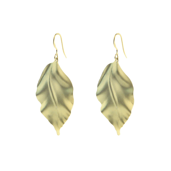 Satin Gold Greek Leaf Earring in Vermeil Sterling Silver, 2"