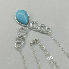 Adjustable Sterling Silver Wire Sculpted Turquoise Gemstone Drop Necklace