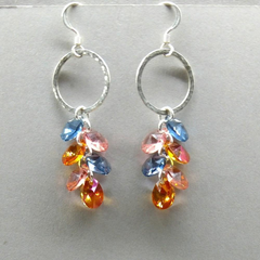 Hammered Circle Multi Crystal Color Drop Dangle Earrings