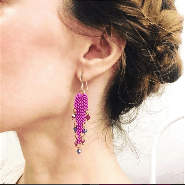 Hot Pink Tassel Chain Crystal Earrings