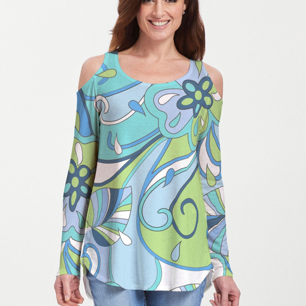 Floral Spritz Turquoise (22093) ~ Cold Shoulder Tunic