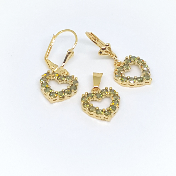 1-6418-h1 Gold Overlay Light Olive CZ Heart Earring and Pendant Set. 14mm