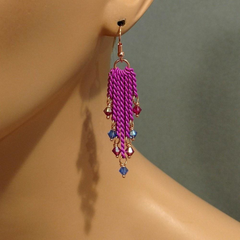 Hot Pink Tassel Chain Crystal Earrings