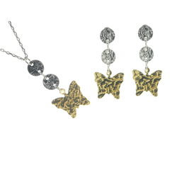 Fluttering Hammered Butterflies Earring Necklace Set Sterling Silver Gold Plated