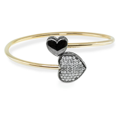 Sparkling Black Cz Heart Cuff Bangle in Sterling Silver