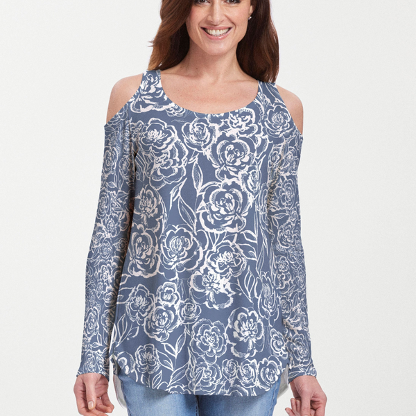 Freehand Floral Navy (7614) ~ Cold Shoulder Tunic