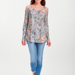 Floral Strokes Navy (7663) ~ Cold Shoulder Tunic