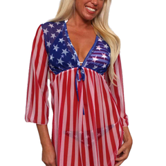 Gorgeous USA Flag Long Sleeve Cover-up Beach Dress Stars and Stripes Swimwear