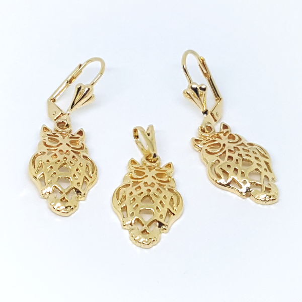 1-6005-h2 Gold Overlay Owl Earring and Pendant Set.