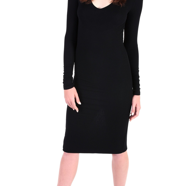 Modal Long Sleeve V Neck Dress - Black