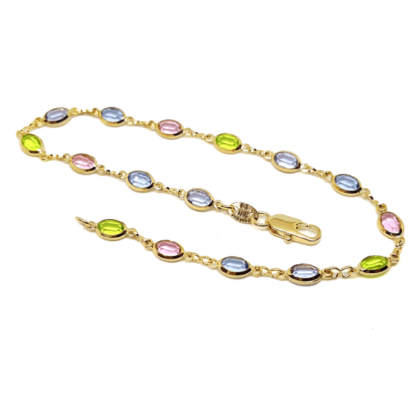 1-0124-h7 18kt Brazilian Gold Filled Oval Multicolor Stones Anklet. 10" length, 5.5mm wide.