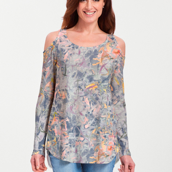 Floral Strokes Navy (7663) ~ Cold Shoulder Tunic