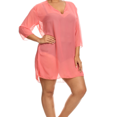 Plus Size Chiffon Long Sleeve Swimwear Cover-up Beach Dress Made in the USA