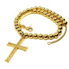 (1-0071-2287-h6) Gold Overlay Beaded Anklet with CZ Cross, 10".