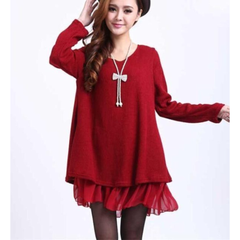 Womens Red Layered Tunic Sweater Dress with Frill Trim