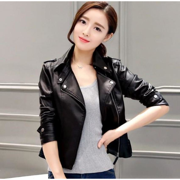 Womens Slim Fit Front Zipper Vegan Leather Biker Jacket