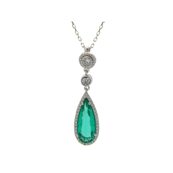 925 Sterling Silver Synthetic Emerald Pendant & White CZ Charm Necklace 16"