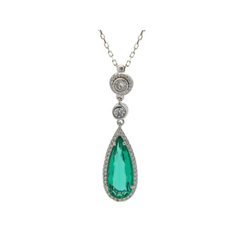 925 Sterling Silver Synthetic Emerald Pendant & White CZ Charm Necklace 16"
