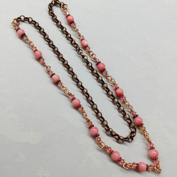 24 inches Wire Wrapped Peach Mother Of Pearl Crystal Gemstone Necklace