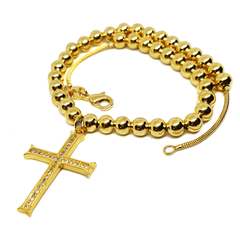 (1-0071-2287-h6) Gold Overlay Beaded Anklet with CZ Cross, 10".