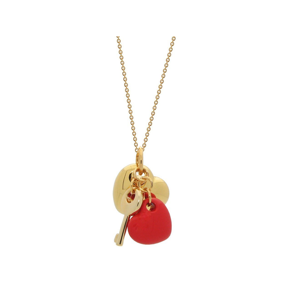 18k Gold Plated  Orange- Red Enamel Puffy Heart Necklace, 15 Inches