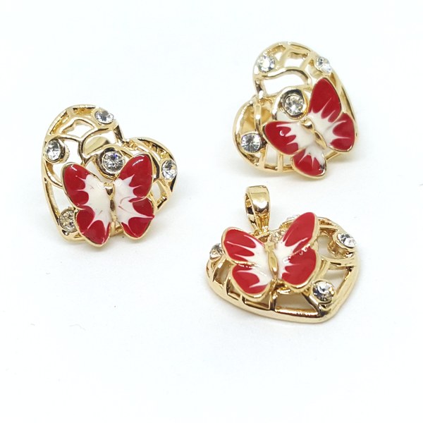 1-6359-h1 Gold Plated Colored Butterfly Earring and Pendant Set. (3 Colors Available)