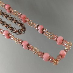 24 inches Wire Wrapped Peach Mother Of Pearl Crystal Gemstone Necklace