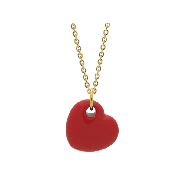 18k Gold Plated Red Enamel Puffy Heart Necklace, 15 Inches