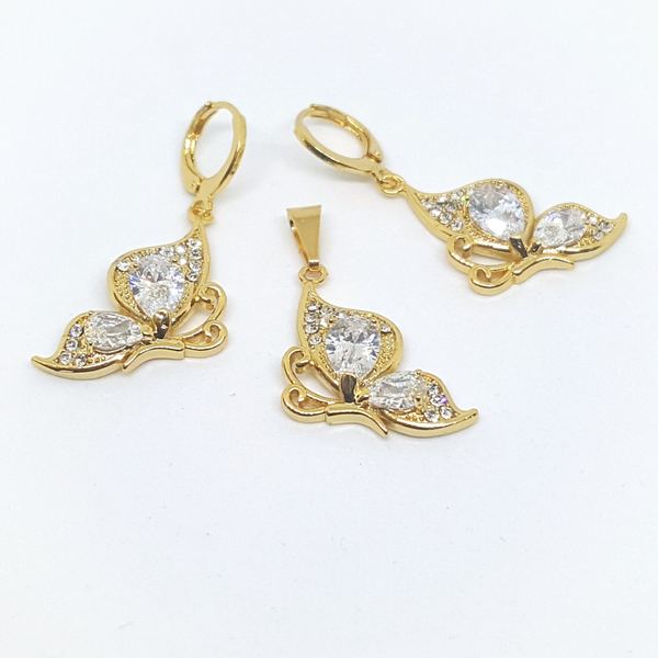 1-6383-h1 Gold Overlay CZ Butterfly Earring and Pendant Set. (5 Colors Available)