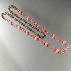 24 inches Wire Wrapped Peach Mother Of Pearl Crystal Gemstone Necklace