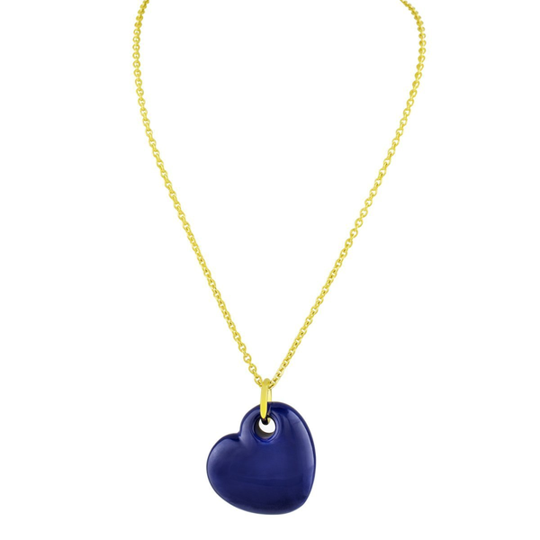 18k Gold Plated Blue Enamel Puffy Heart Necklace, 15 Inches