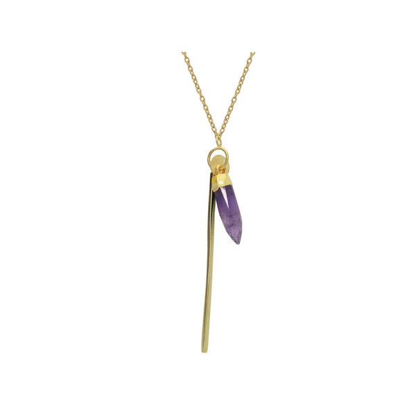 Amethyst Bullet & Golden Bar Necklace in Gold Plated Sterling Silver, 30"