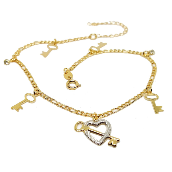 (1-0110-h5) Gold Filled Two Tone Heart and Keys Anklet, 10".