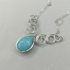 Adjustable Sterling Silver Wire Sculpted Turquoise Gemstone Drop Necklace