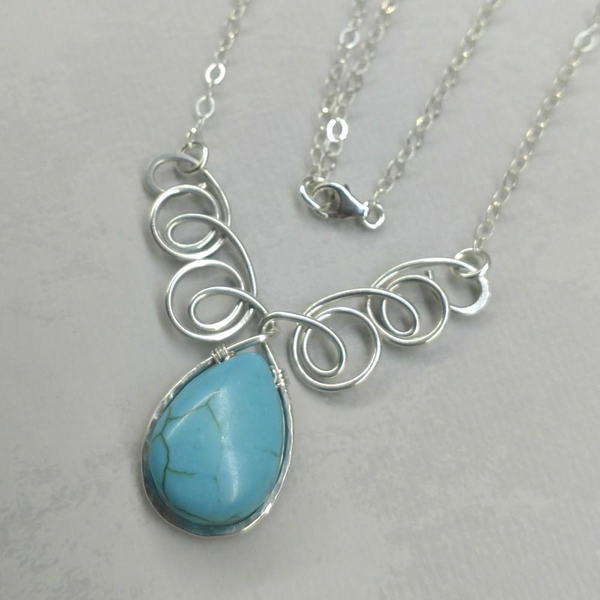 Adjustable Sterling Silver Wire Sculpted Turquoise Gemstone Drop Necklace