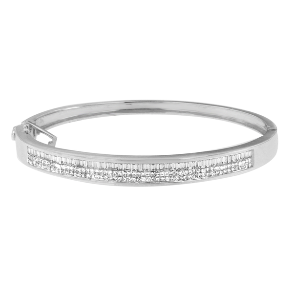 14K White Gold 2 1/10 ct.TDW Princess and Baguette Cut Diamond Classic Bangle (H-I,SI1-SI2)